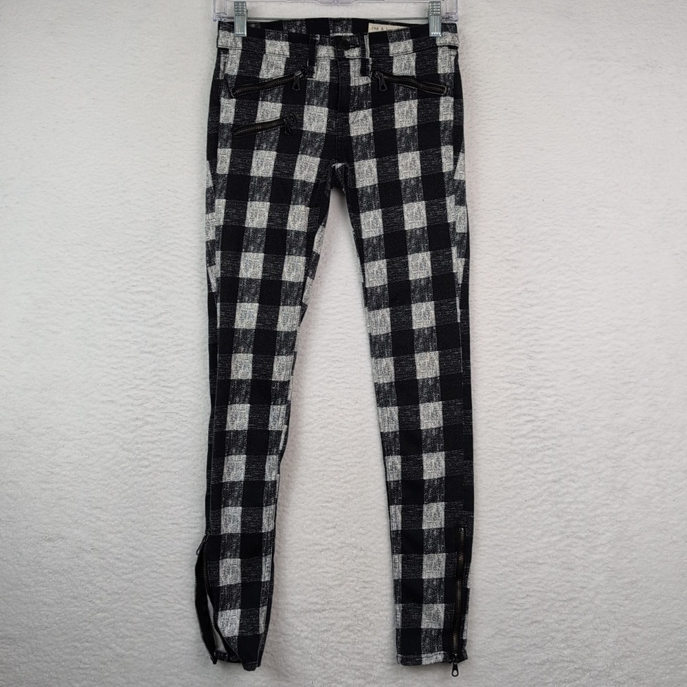 Rag & Bone Black White Buffalo Check Skinny Pants Sz 24 Zippers Plaid Linton